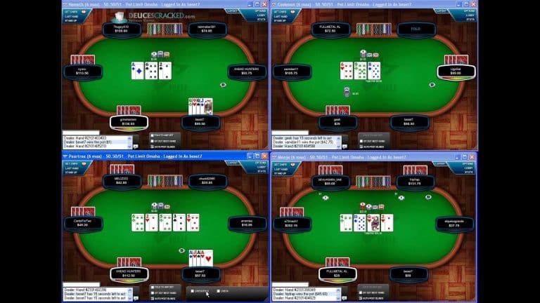 Screenshot showing four online poker tables on the DeucesCracked platform, where a user plays PLO. Each table, reminiscent of 2007 online action, displays players’ usernames, cards, and betting options as different hands unfold.