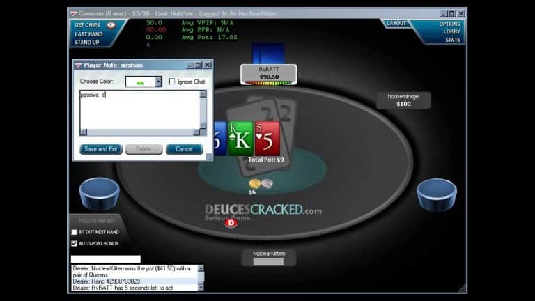 A screenshot of a 6max online poker game interface shows player notes being edited, including labeling an opponent as a maniac. The poker table displays cards (K♠, K♦, 5♦), chip stacks, usernames, and the DeucesCracked.com logo at the center.