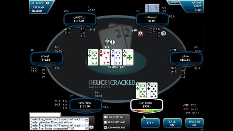 Online poker table interface with six players, various chip amounts, and community cards: 5♥, 7♥, 2♠, and 5♣. Player DD holds JT; options include fold, call, or raise. Table ID: 1002.