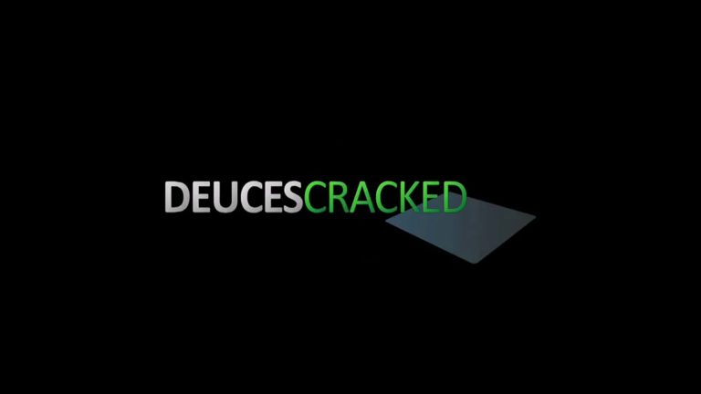 The image features the word DEUCESCRACKED, with DEUCES in gray and CRACKED in green, on a black background. A subtle, dark playing card shape appears beneath CRACKED, referencing the 2M2MM Crew from Episode 1 of 2 Months 2 Million.