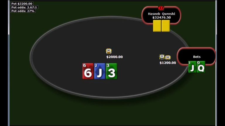 On the poker table in Episode 3 of 2 Months 2 Million, community cards—6 of hearts, Jack of spades, and 3 of clubs—remain as KRANTZ reveals Jack and Queen of clubs. Bets are $2,000 and $1,200 with a stack value at $32,476.50.