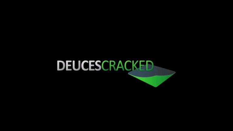 Black background with the word DEUSESCRACKED in bold letters—DEUCES in gray, CRACKED in green. Below CRACKED is a geometric shape like a playing card, nodding to KRANTZ from 2 Months 2 Million or an epic Episode 5 reveal.