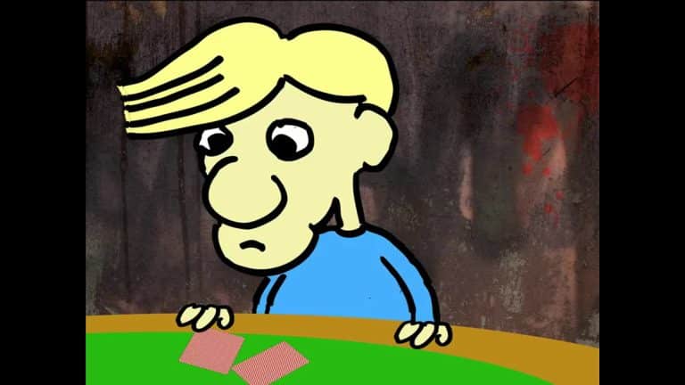 A cartoon character with blond hair and a blue shirt sits at a card table, looking sadly at two face-down playing cards. The dark, textured background sets the mood for A Nightmare on 7th Street: Episode 2.