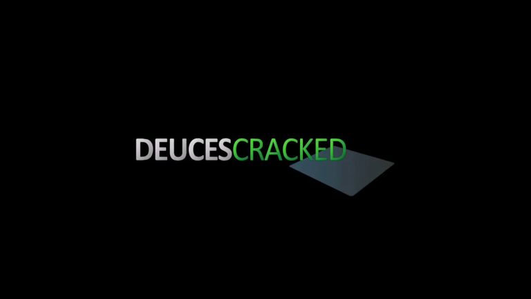 The image displays the word DEUESCRACKED in bold capital letters on a black background. DEUCES is in white, CRACKED is in green with a slight shadow, reminiscent of Private Joker’s iconic style from Connect 4.