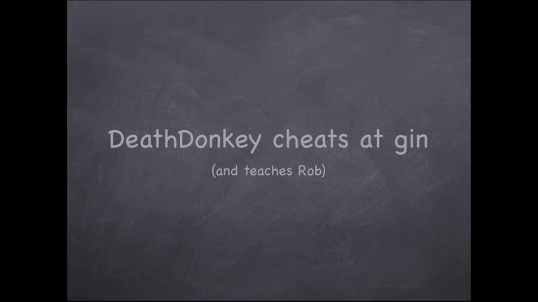 Text on a chalkboard-style background reads: DeathDonkey, the mischievous entity, cheats at gin (and teaches Rob) in playful, white font.