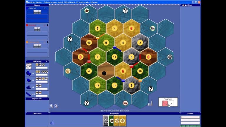 A digital Settlers of Catan board in play, featuring hex tiles, player settlements and roads, a robber on the 8-brick tile, and resource cards—perfect for Settlers fans or strategy gamers like DJ Sensei.