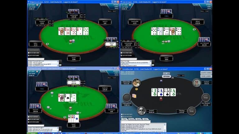 Screenshot showing four online poker tables with cards dealt and player avatars. Each table, including a Limit O8 game, displays unique hands and poker chips on a blue-green interface with chat, action buttons, and Archived Vids from Beset Plays.