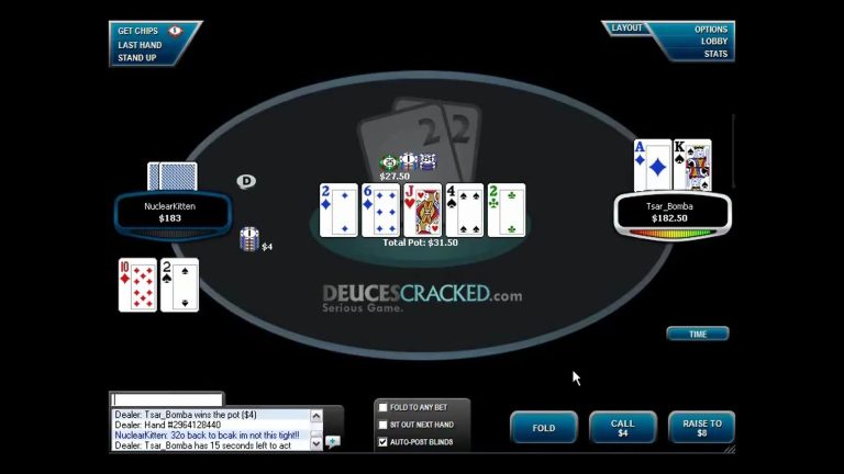 A screenshot of an online poker game table showing two players in a showdown, revealing hands: one has 2♠ 2♦ and the other A♠ K♦. The board shows 2♣ 5♦ 9♠ Q♦ A♦. DeucesCracked.com logo is at the center.