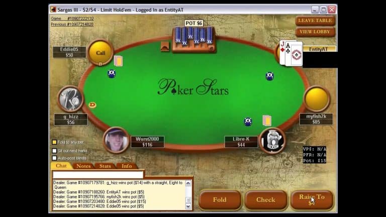 Screenshot of an online PokerStars Texas Holdem table with six players. The player in the top right holds Ace of Spades and Jack of Diamonds. The pot is $6, and buttons for Fold, Check, and Call are visible.