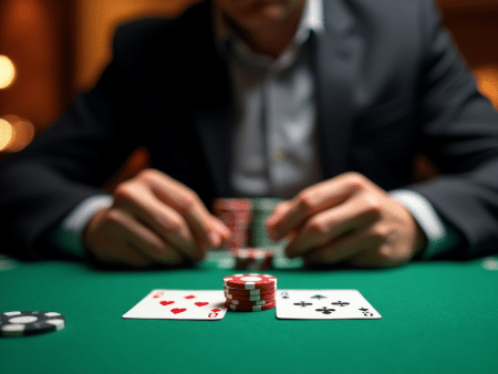 A person in a suit sits at a green casino table, arranging poker chips with two playing cards—the five of hearts and four of clubs—laid face up, embodying the tension of short stack play in a dimly lit background.