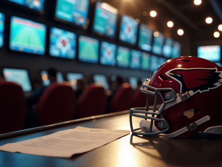 A football helmet with a cardinal logo sits on a desk beside papers, in a room lined with monitors displaying sports games and stats; people are seated, watching the screens intensely, discussing the Cardinals betting scandal and Josh Shaws NFL suspension.