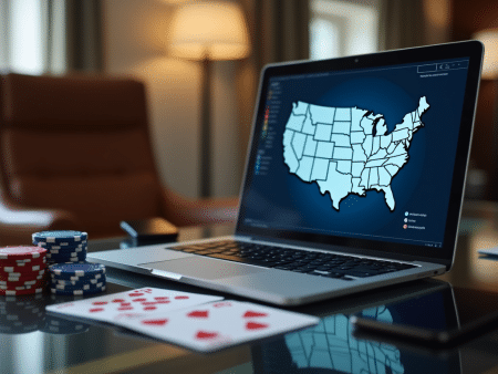 A laptop on a desk displays a map of the United States, with poker chips and cards nearby, highlighting Online Poker Legal States and hinting at an updated State-by-State Player Guide in a professional office setting.