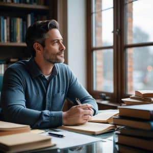 A man sits at a desk with open books, holding a pen and gazing thoughtfully out a window. Shelves of books line the wall behind him, and daylight streams in through the window.