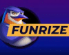 A cartoon penguin wearing glasses and a scarf stands next to the word FUNRIZE in bold yellow letters, promoting Funrize Casino’s Free Bonus on a blue and purple gradient background.
