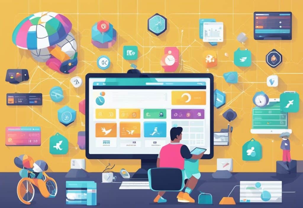 A person sits at a desk using a tablet and a large computer screen, surrounded by colorful digital icons, a bicycle, and gadgets—a creative workspace where technology and innovation inspire the next generation of online sports betting platforms.