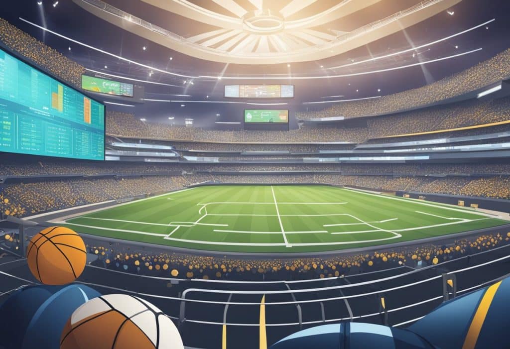 A large, modern stadium with bright lights and digital scoreboards overlooks a green soccer field. Balls for various sports are in the foreground as yellow-clad fans fill the stands, creating an ideal setting to discuss analytics and value bets.