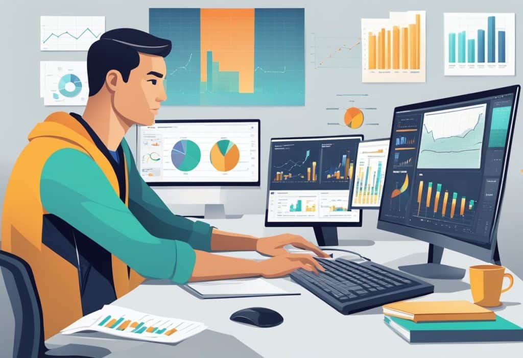 A man at a desk works on multiple monitors displaying colorful charts and graphs. Papers, books, and more graph charts suggest data analytics or sports betting strategies focused on finding value bets line his workspace and walls.
