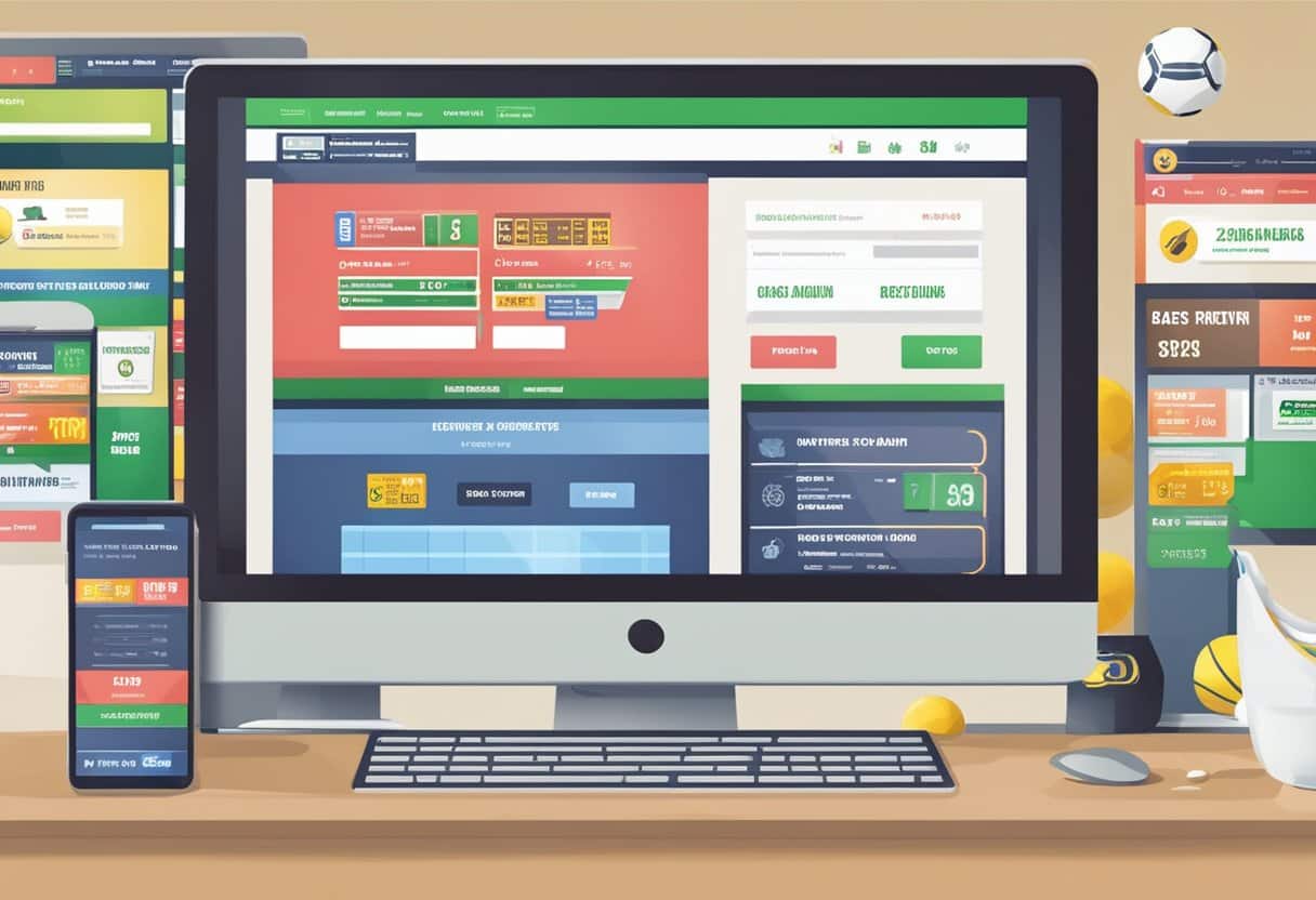 A computer screen displays a sports betting website with promotional banners and responsible gambling reminders
