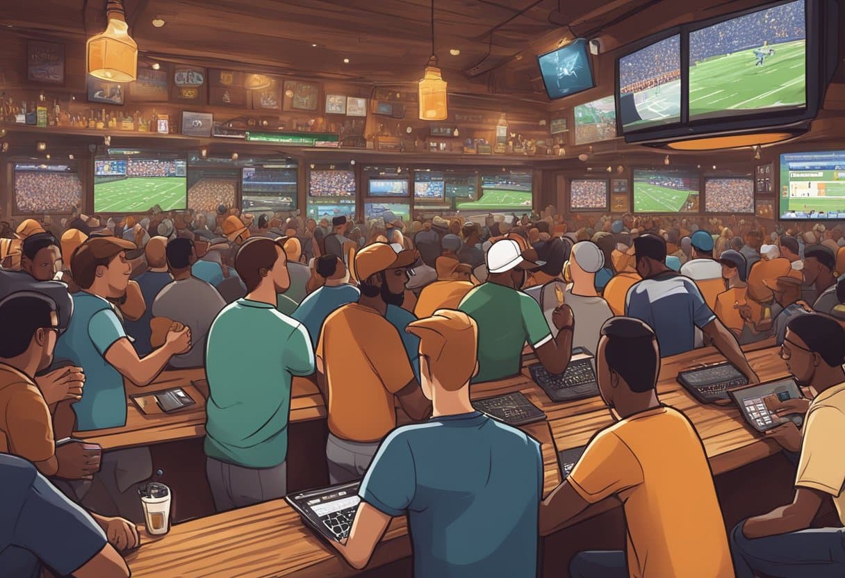 A crowded sports bar with multiple screens showing Texas sports teams in action, surrounded by enthusiastic fans cheering and placing bets online