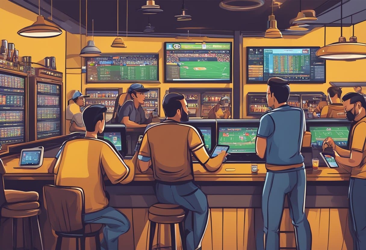 A bustling sports bar with patrons placing bets on screens, while others use mobile devices to access online betting platforms in Texas