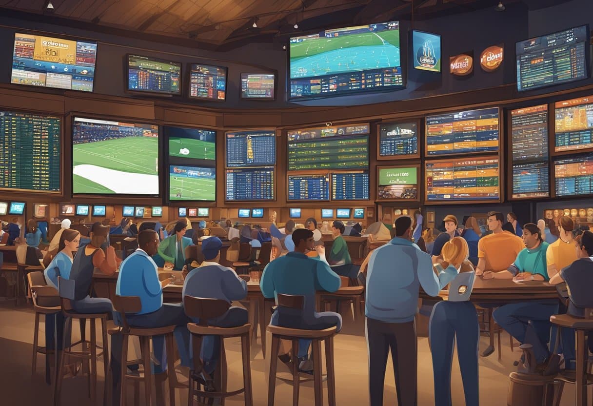 A bustling sports bar with digital screens displaying live betting odds for various sports events in Texas. Customers are engaged in lively discussions and placing bets on their mobile devices