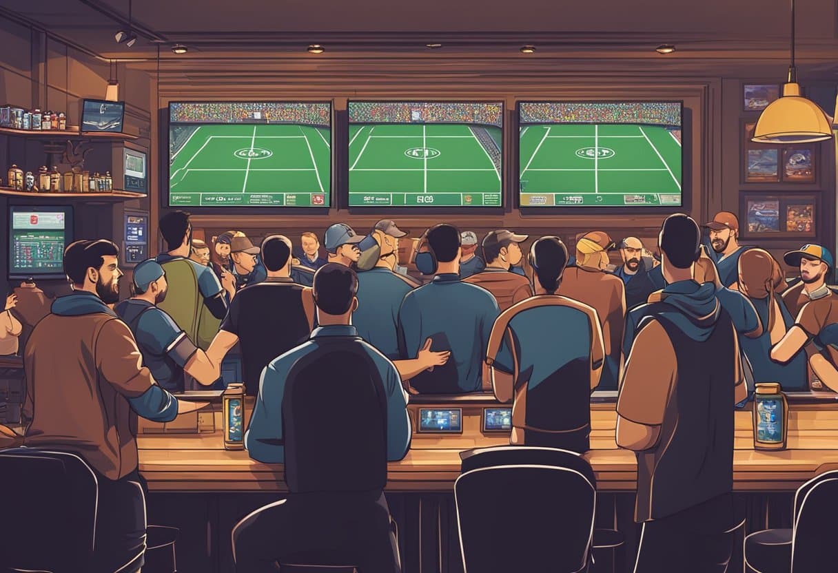 A crowded sports bar with multiple screens showing live games, people cheering and placing bets at the counter