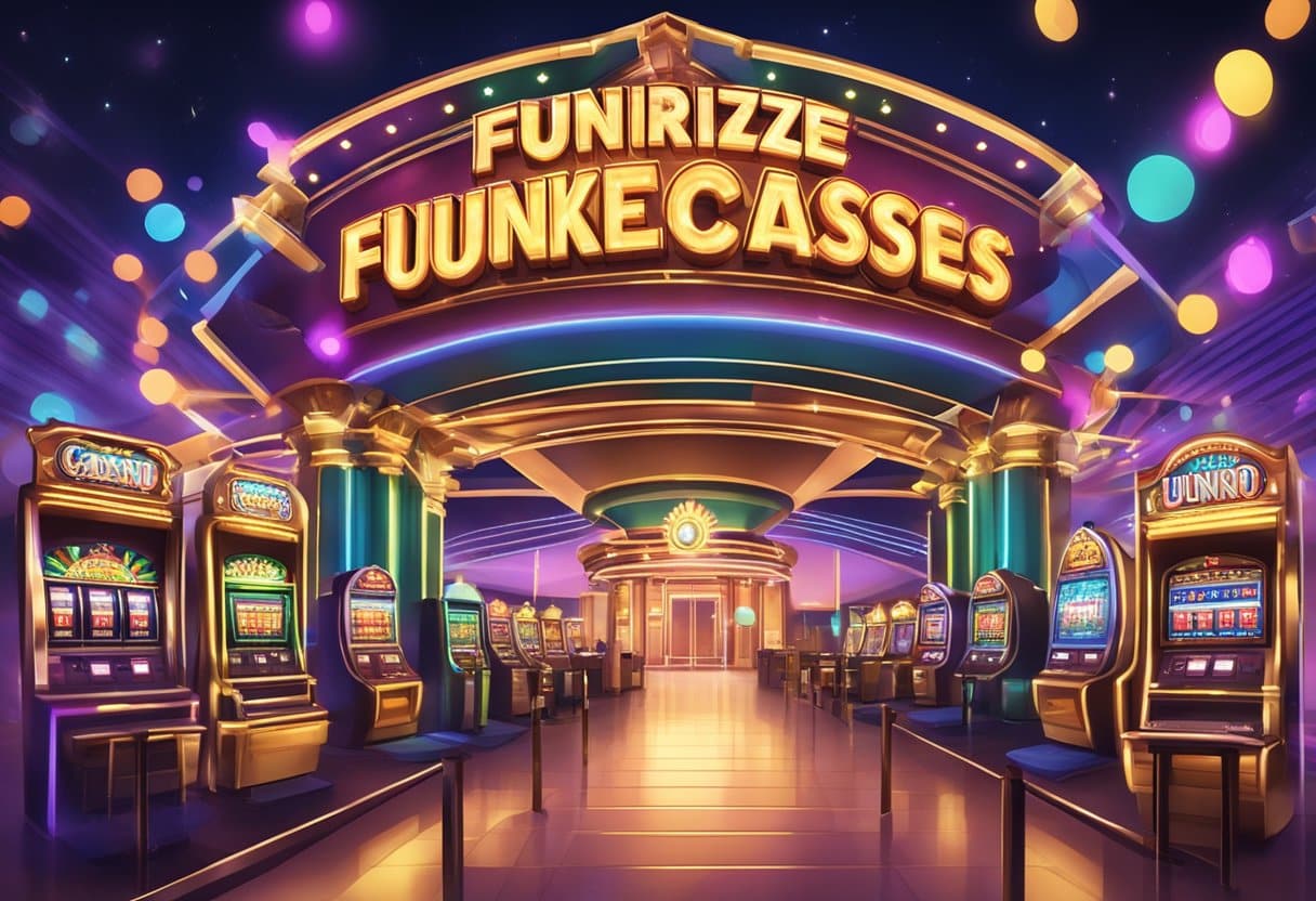 A vibrant and bustling casino with colorful lights, slot machines, and a grand entrance with the words "Funrize Sweepstakes Casino Review 2025" prominently displayed