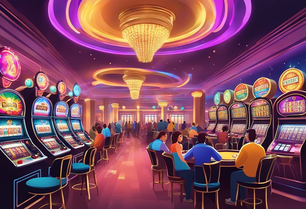 A colorful casino with slot machines, card tables, and bright lights, surrounded by excited patrons