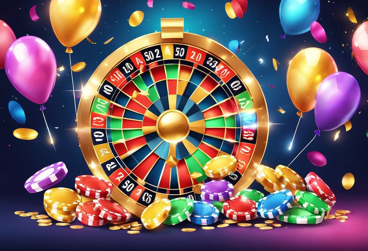 Colorful casino-themed party with confetti, balloons, and prize wheel. Bright lights and festive atmosphere with banners promoting bonuses and promotions