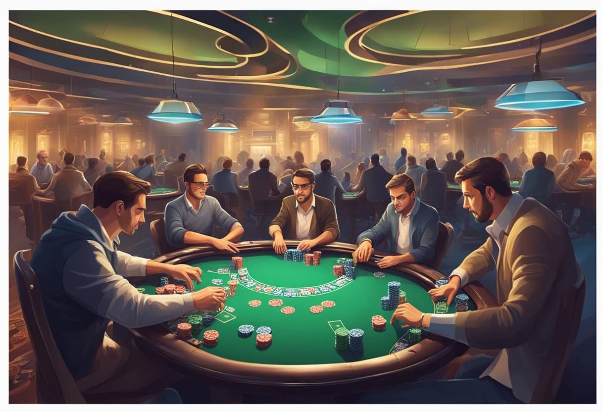 A group of poker tables with players in a lively, well-lit room. The atmosphere is vibrant and competitive, with chips and cards scattered across the tables