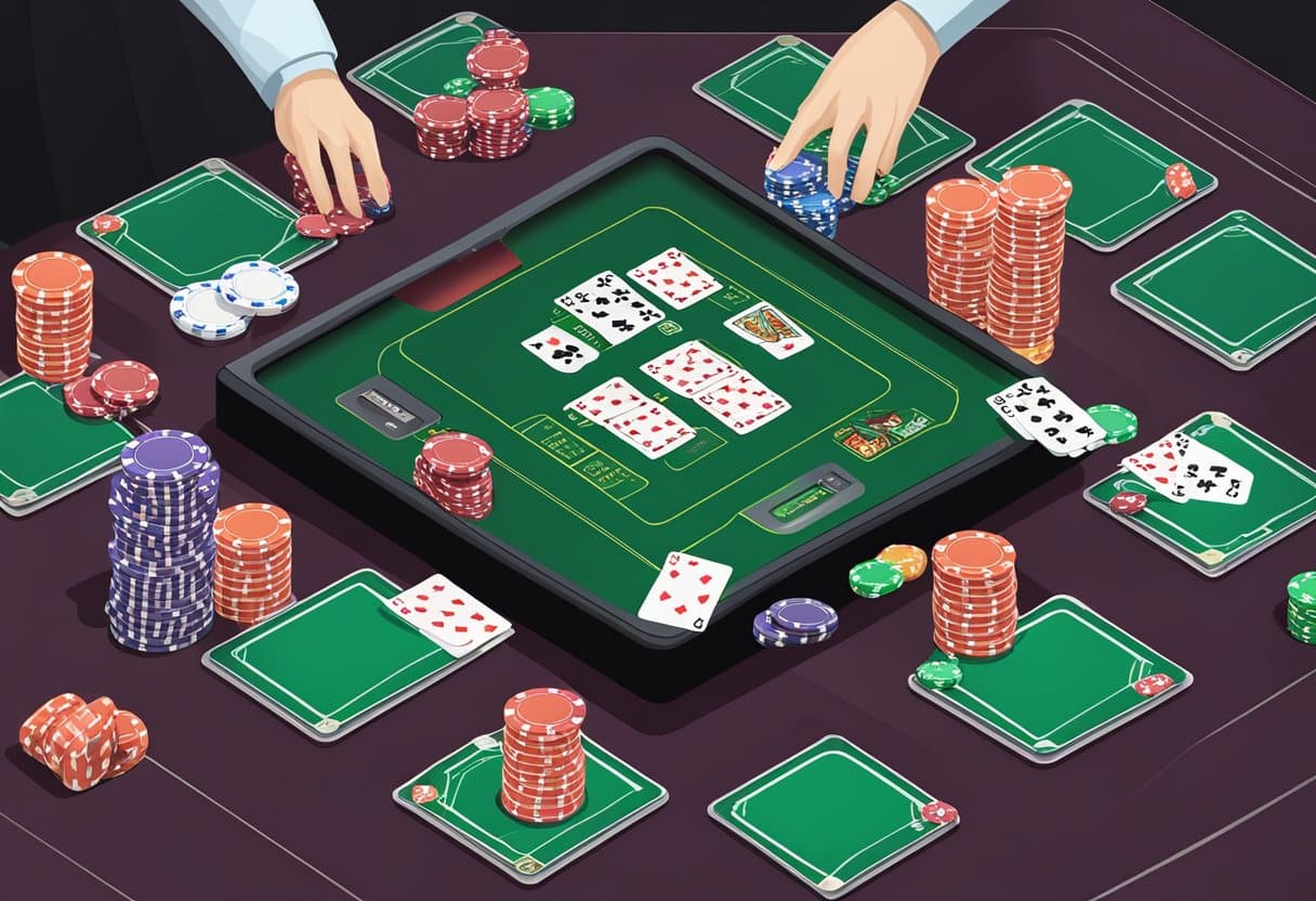 A computer screen displaying various online poker games, with virtual chips and cards on a digital table