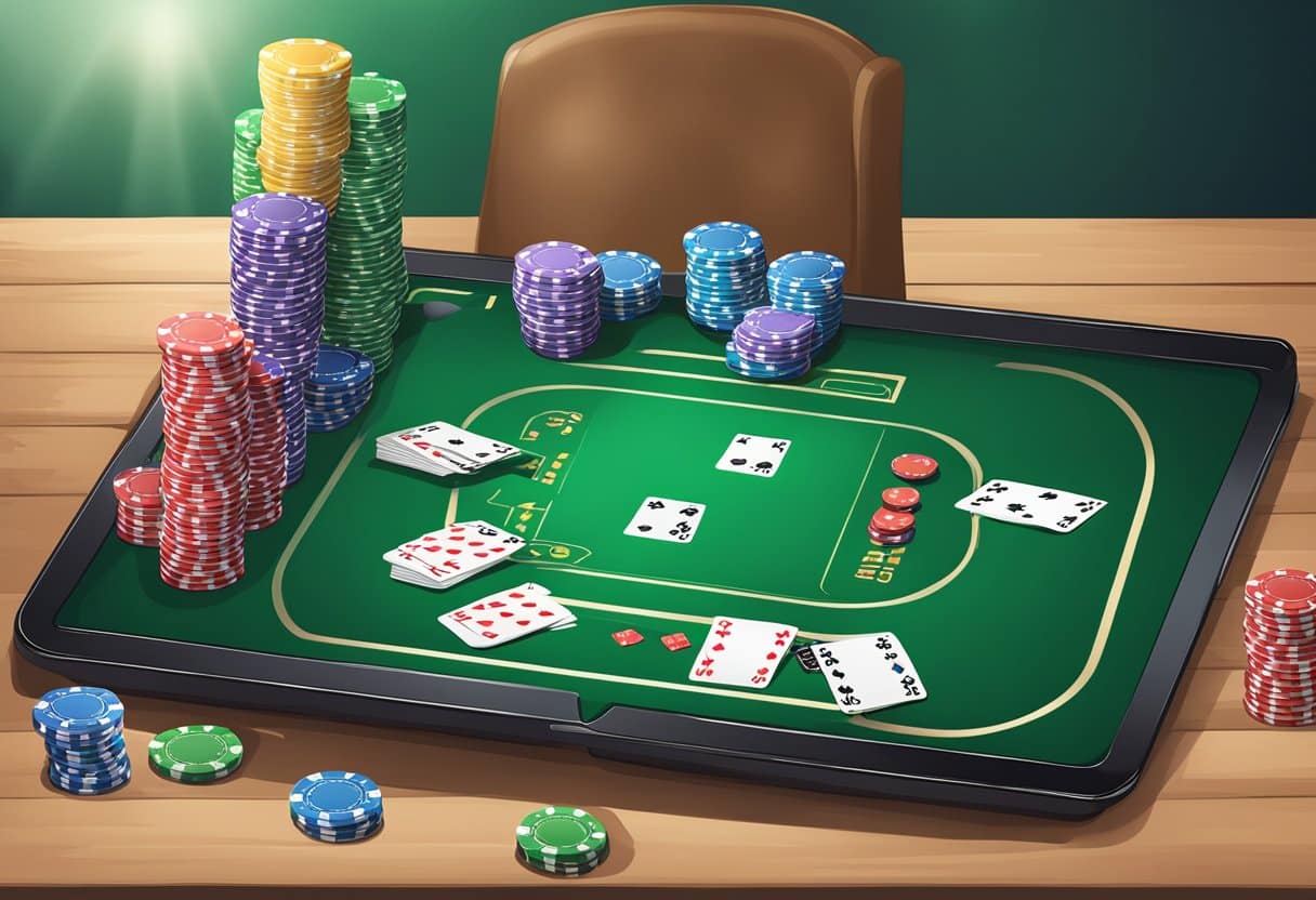 A poker table with cards, chips, and a computer screen displaying an online poker game