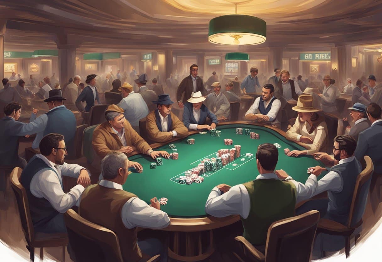 A bustling poker room with players at various tables, chips stacking up, and a dealer shuffling cards. A lively atmosphere with intense focus and occasional cheers