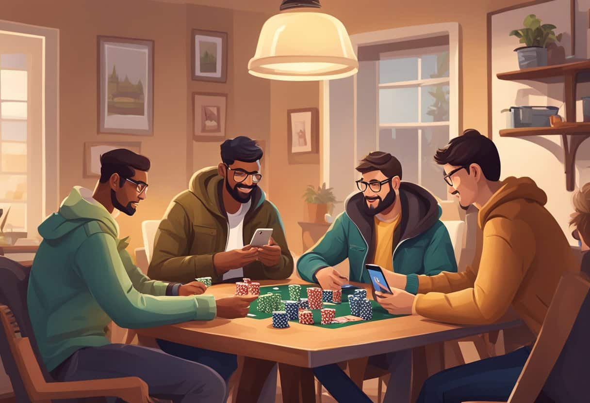 A group of friends gather around a table with their mobile devices, playing poker online in a cozy Canadian living room