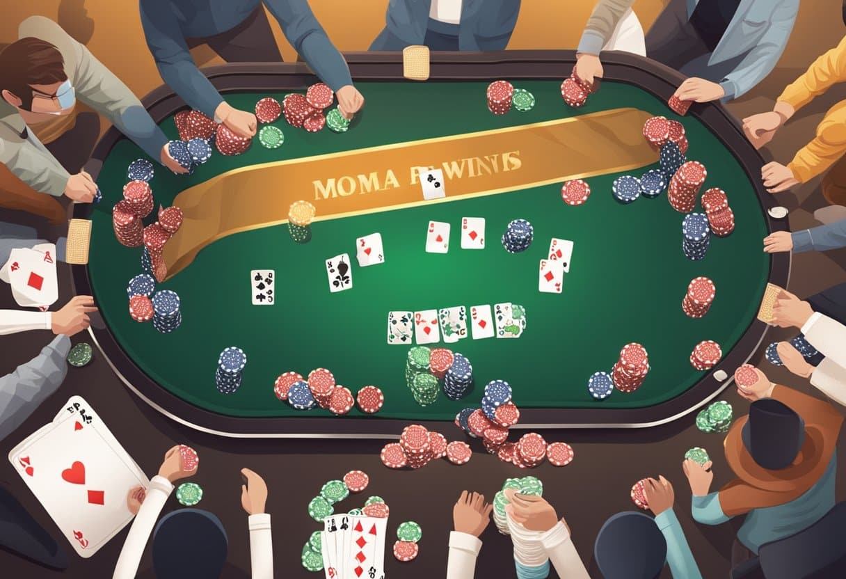 A poker table surrounded by players, with chips and cards on the table, and a banner promoting poker promotions and rewards in the background