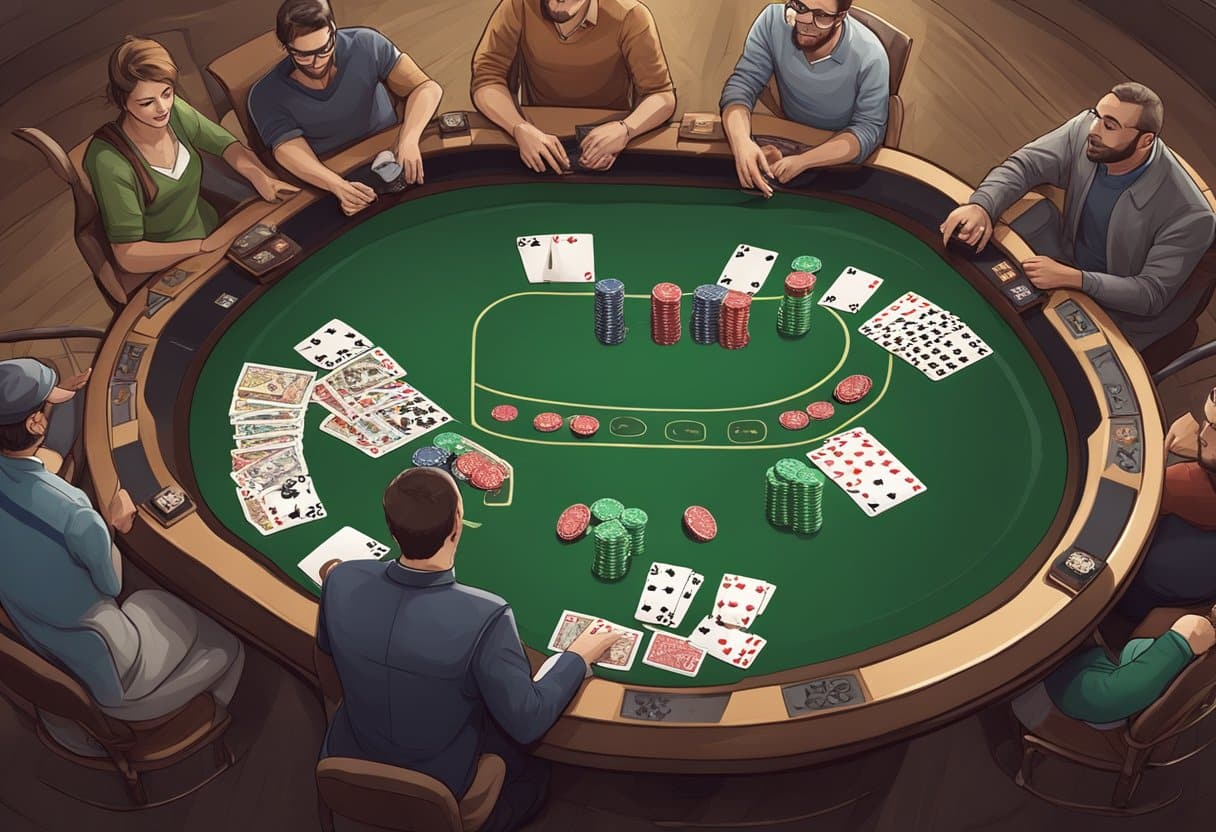 A poker table with chips and cards, surrounded by a supportive environment with responsible gambling resources