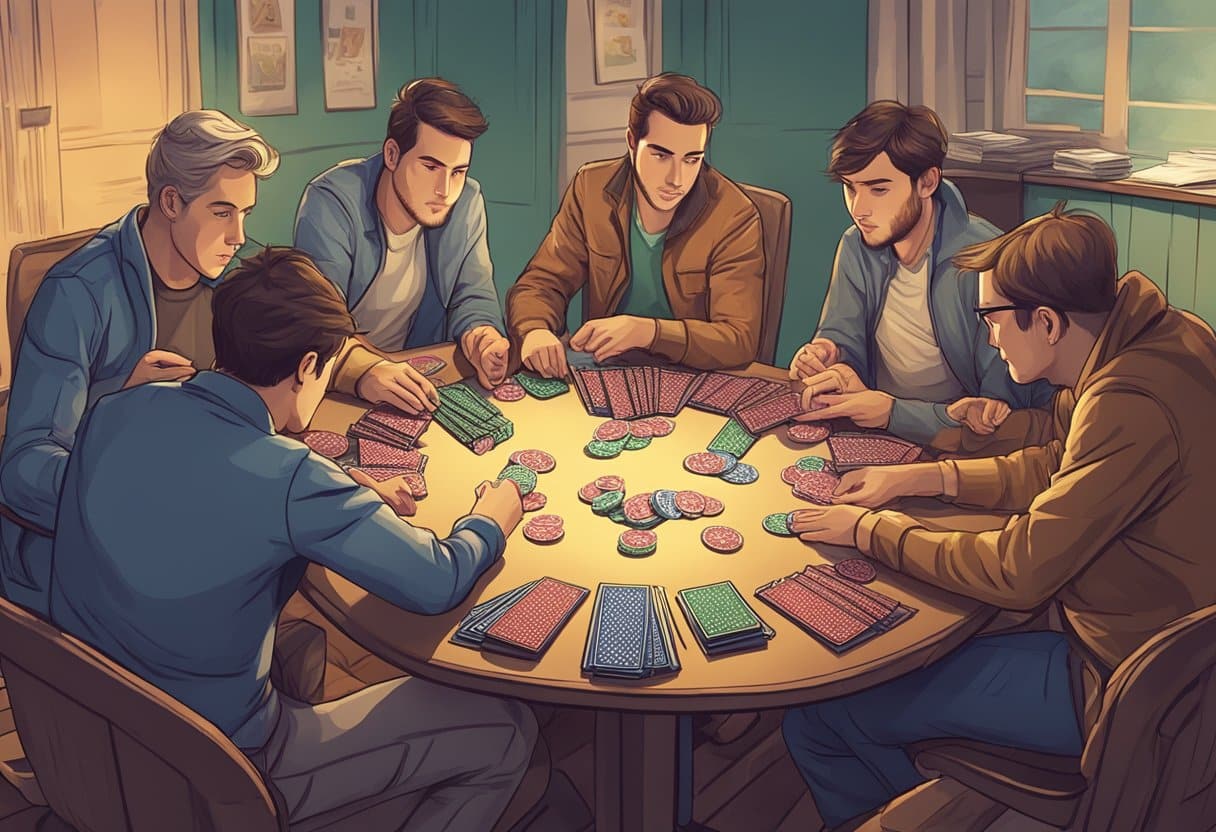 A group of people gathered around a table, chips and cards in hand, engaged in a game of online poker in Canada