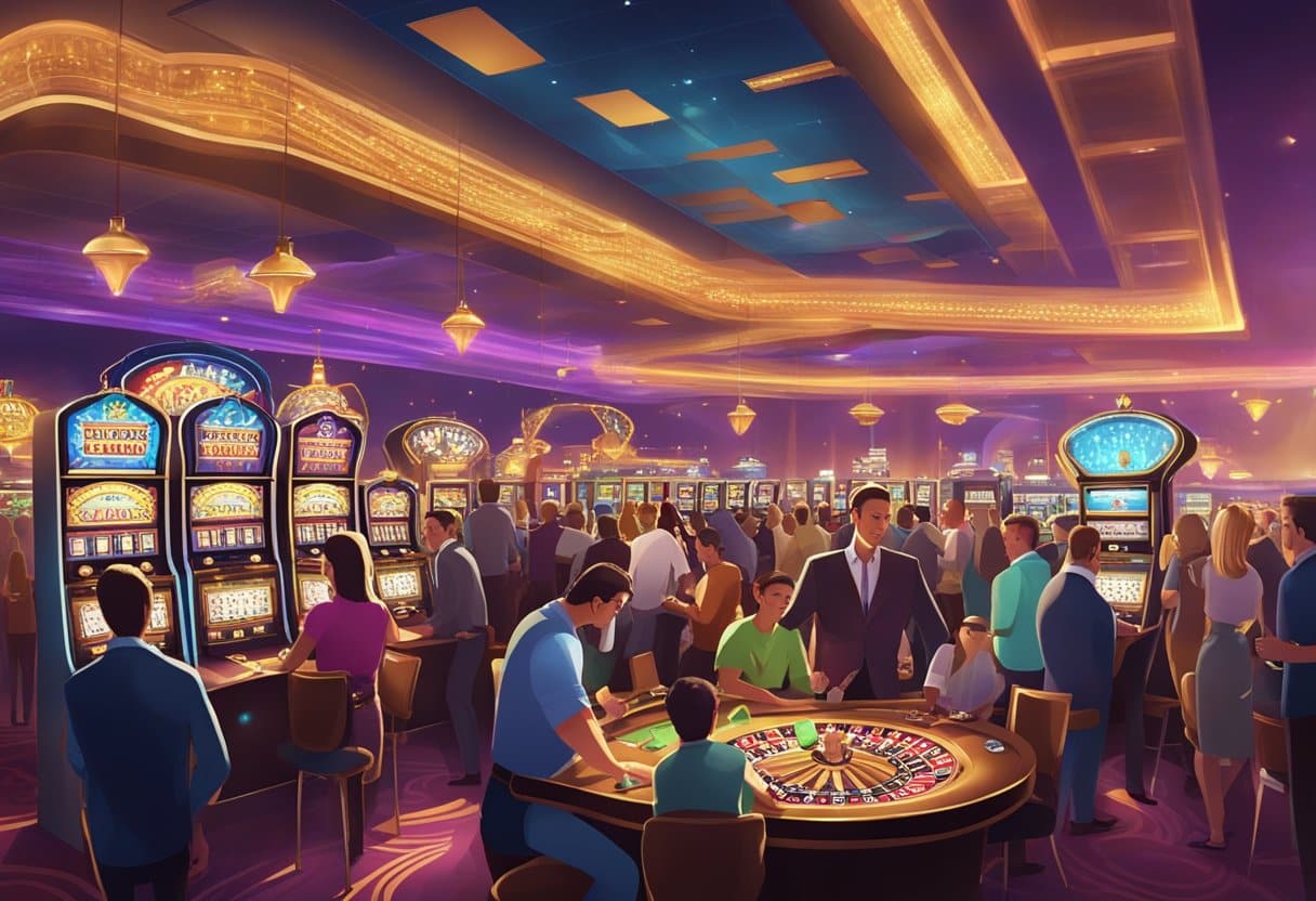 A bustling casino floor with slot machines, card tables, and bright lights, surrounded by excited patrons and the sound of clinking coins