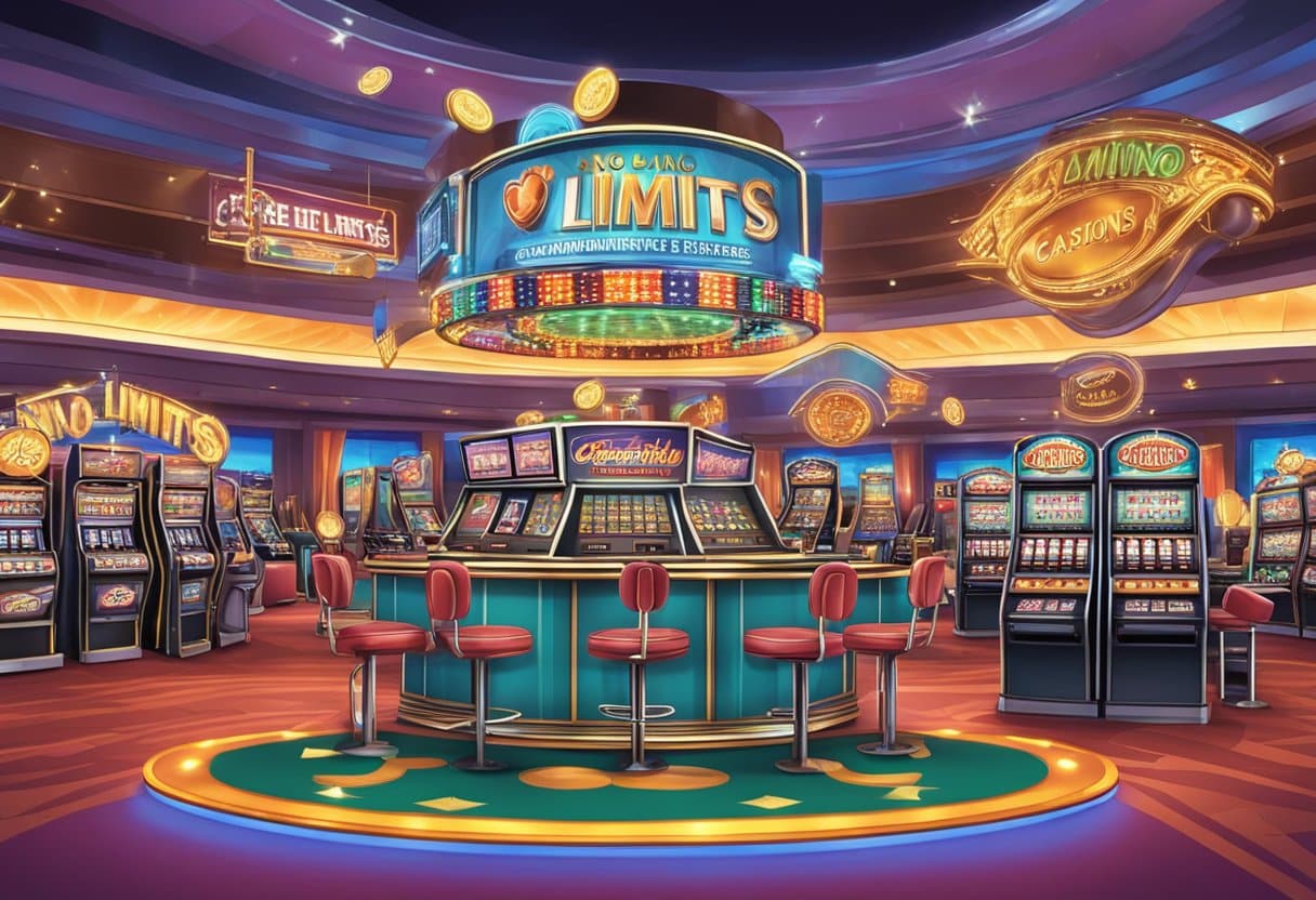 A vibrant casino floor with slot machines, card tables, and a large sign advertising the "No Limits Coins Sweepstakes."
