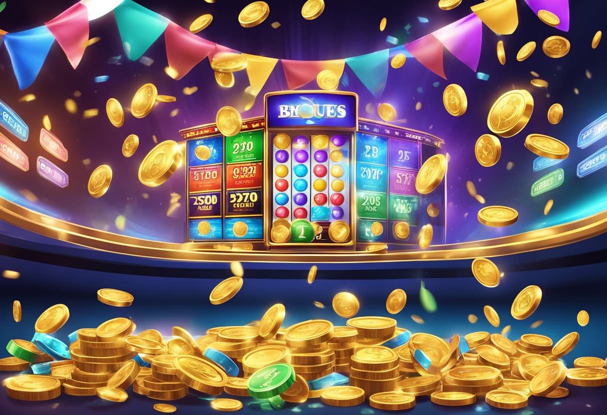 Colorful coins and sweepstakes tickets raining down on a casino floor, surrounded by banners advertising unlimited bonuses and player incentives