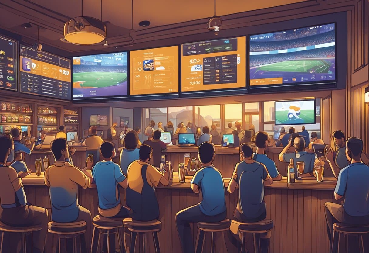 A bustling sports bar with patrons cheering at multiple screens displaying various sports events, while a smartphone with a sports betting app is discreetly being used at a table