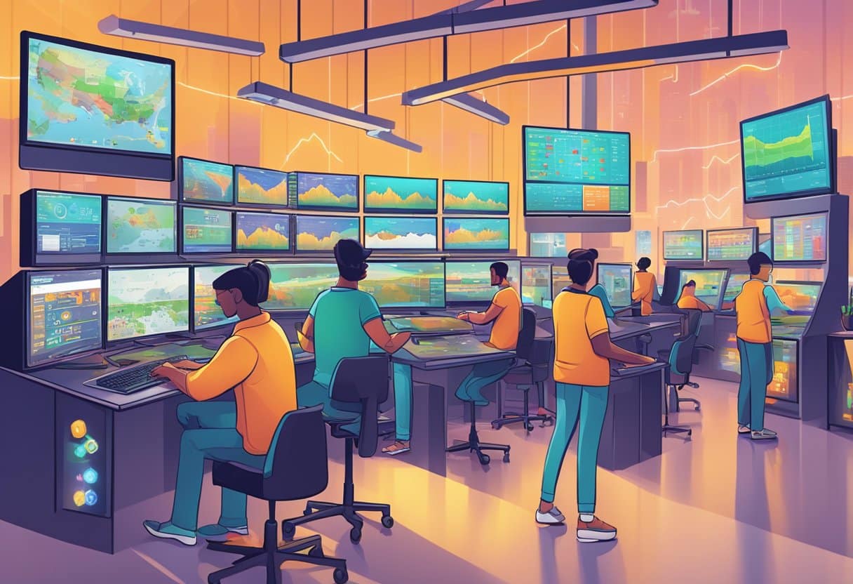 A bustling digital marketplace with charts and graphs showing a 25% surge in online gaming revenue in Pennsylvania. Multiple screens display various online games and financial data