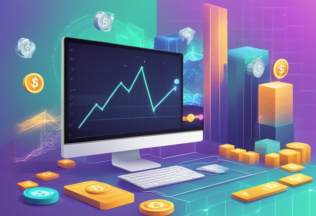 A computer screen displaying a graph with a steep upward trend, surrounded by gaming equipment and digital currency symbols