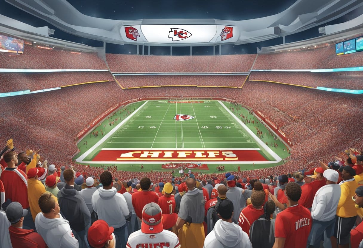 A packed stadium with cheering fans wearing Kansas City Chiefs jerseys, while sports betting signs and advertisements are prominently displayed throughout the venue