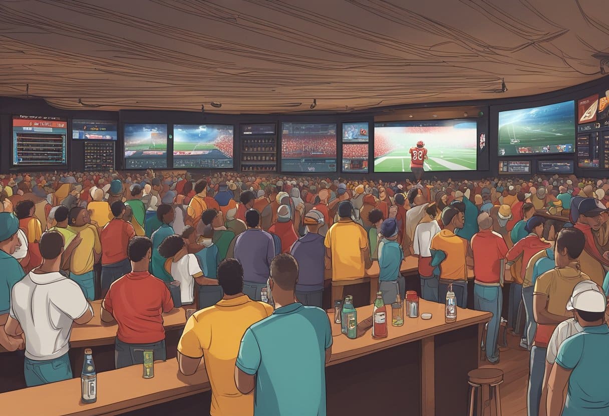 A crowded sports bar with a large screen showing a Kansas City Chiefs game. People are cheering and placing bets at the bar