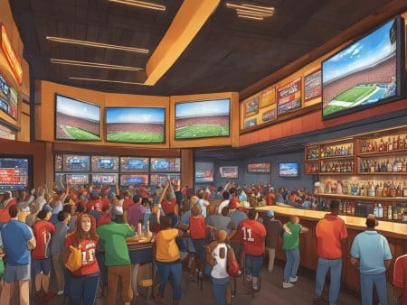 A crowded sports bar filled with enthusiastic fans in team jerseys watches Kansas City NFL on multiple large TVs. People cheer, raise arms, and gather around tables and the bar, creating a lively, energetic atmosphere perfect for 2025 sports betting excitement.