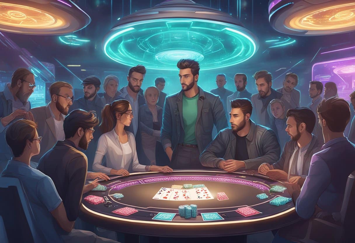 A futuristic, high-tech poker table with advanced security features and holographic cards, surrounded by a crowd of curious onlookers