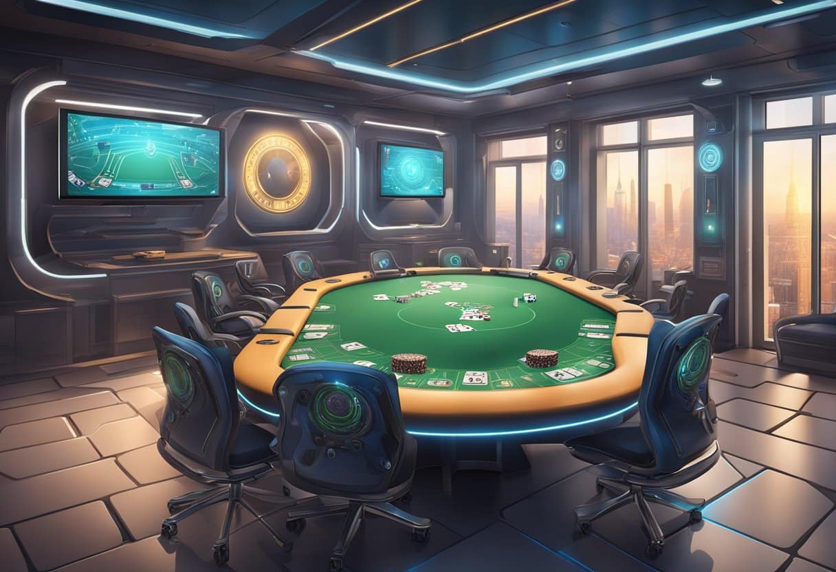 A futuristic poker table with high-tech security features and surveillance cameras installed around the room