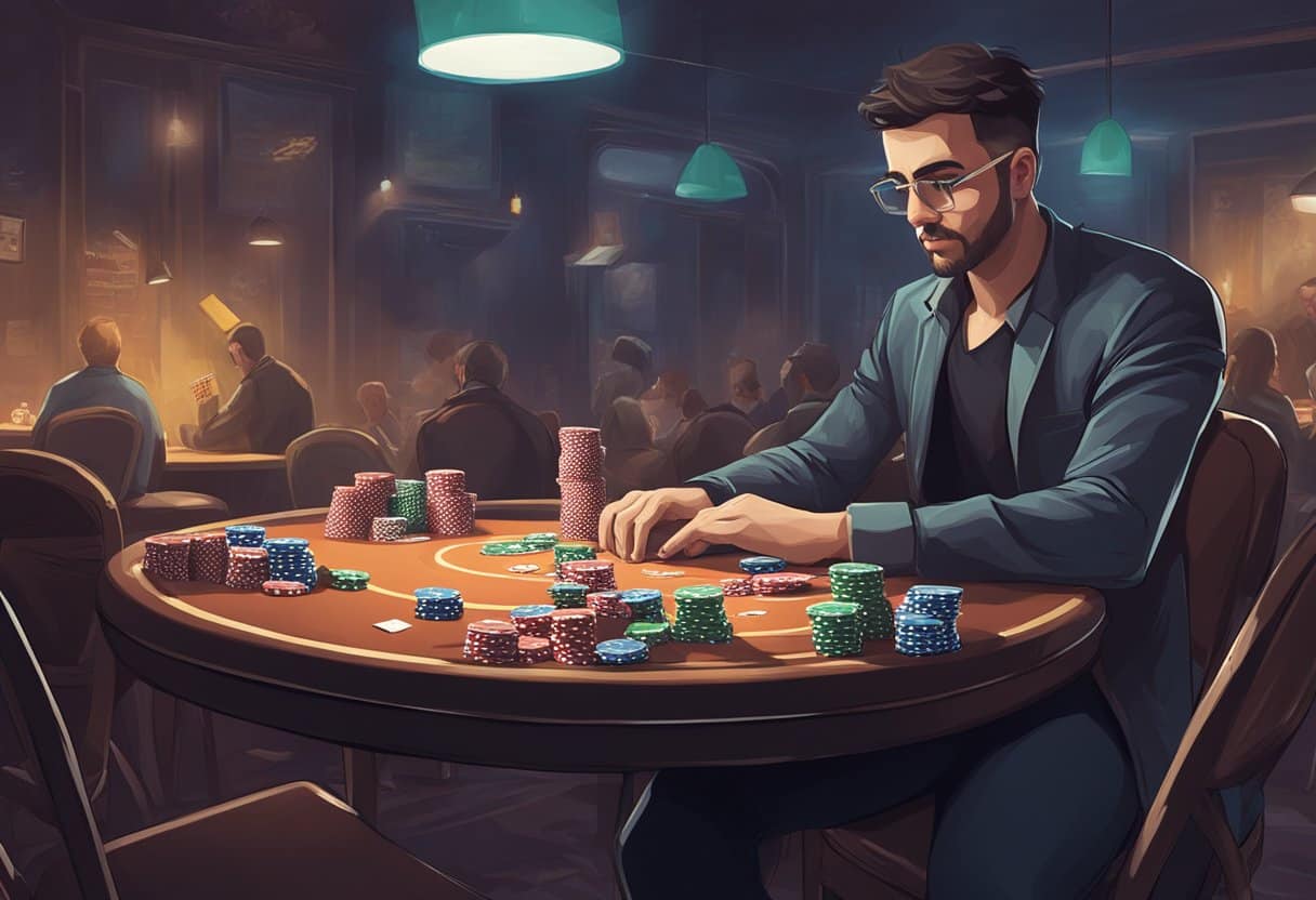 A poker player staring intensely at their cards, surrounded by a cluttered table with scattered chips and a tense atmosphere