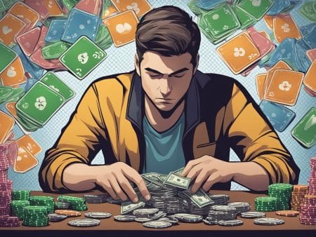 A focused young man in a yellow jacket counts stacks of cash at a table, surrounded by poker chips and colorful playing cards, mastering the psychology of poker as emotions run high around him.